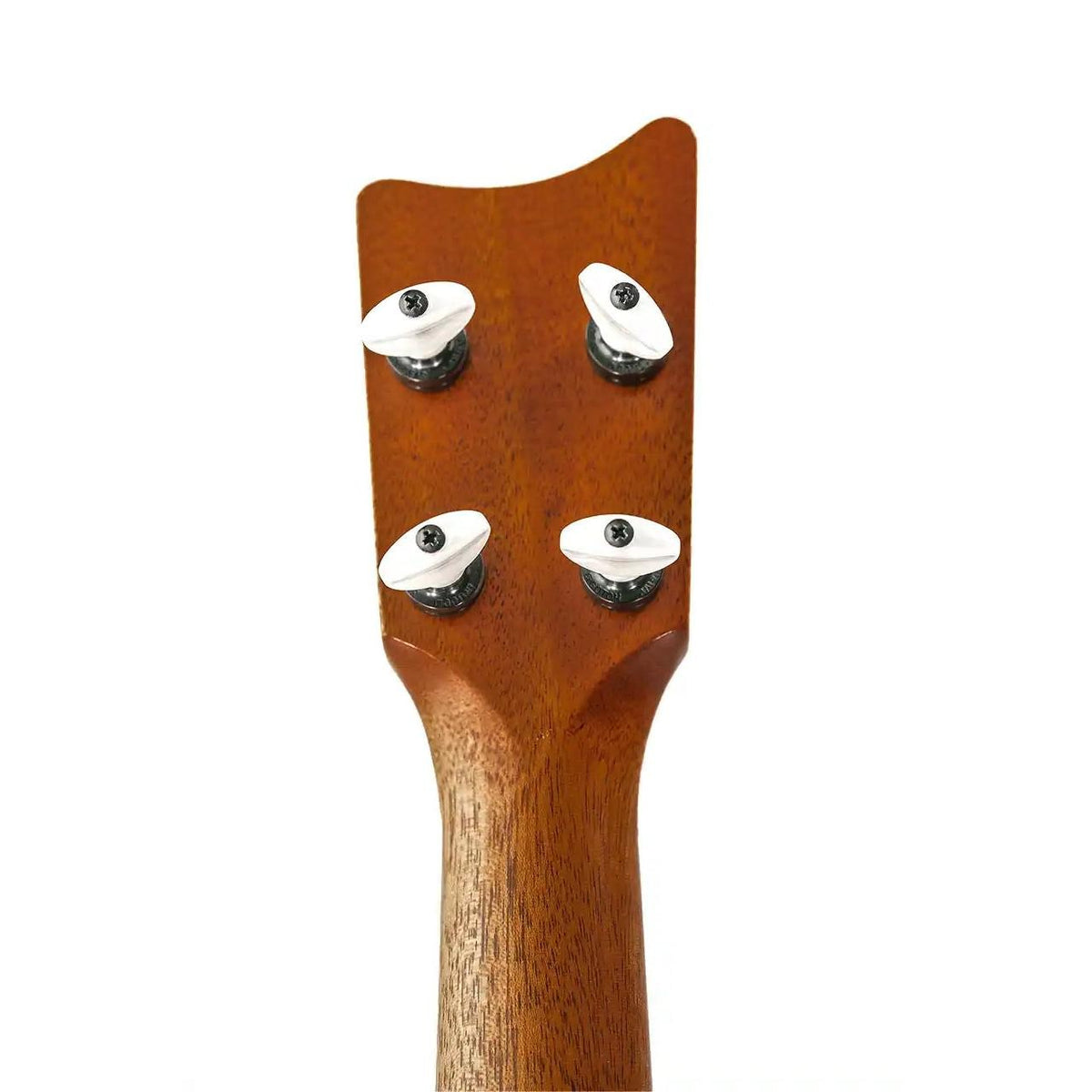 Kamaka HF-2-D concert ukulele headstock back with mahogany neck and four Gotoh tuners with white buttons