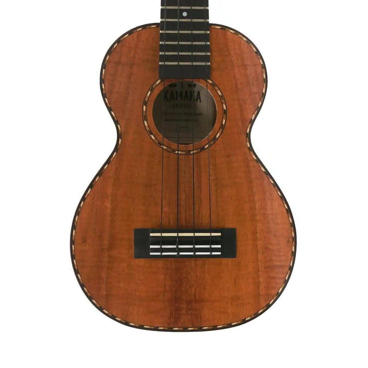 Kamaka HF-2Di slotted headstock concert ukulele body front showing curly koa top, rope rosette and purfling, and ebony bridge