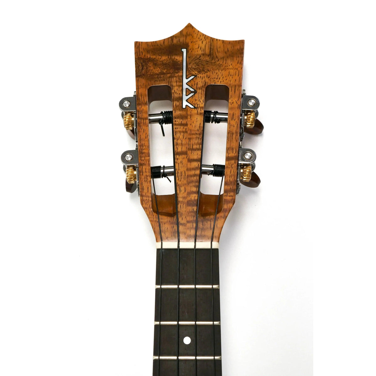Kamaka HF-2Di concert ukulele slotted headstock front with mother of pearl logo and slotted tuner openings