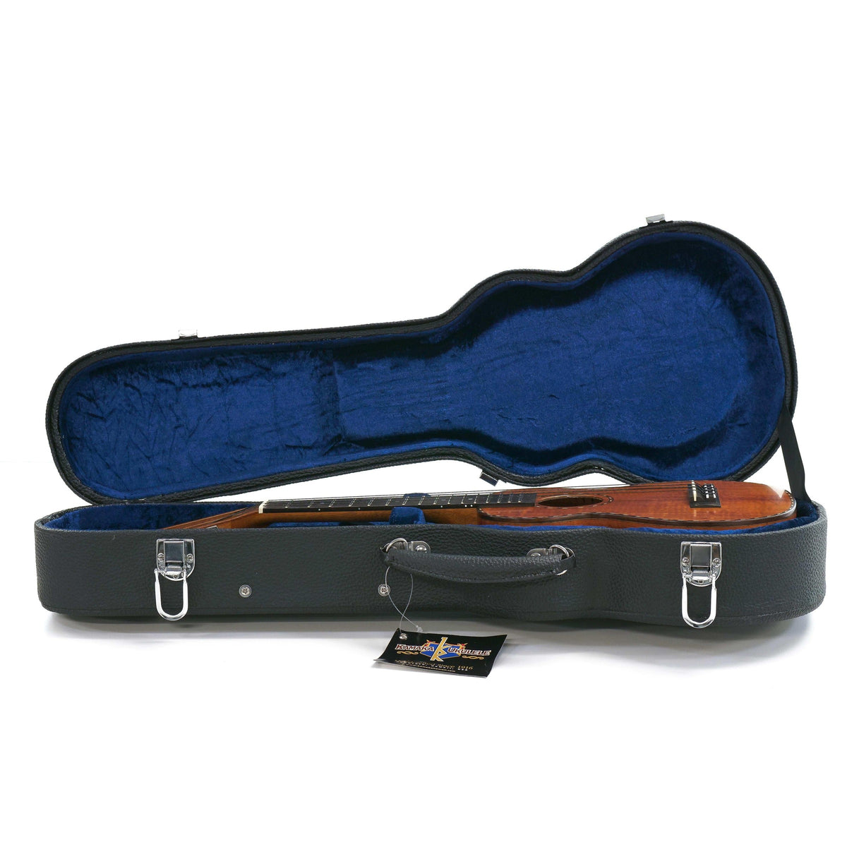 Kamaka HF-2Di concert ukulele in its open black Kamaka hardshell case with blue lining