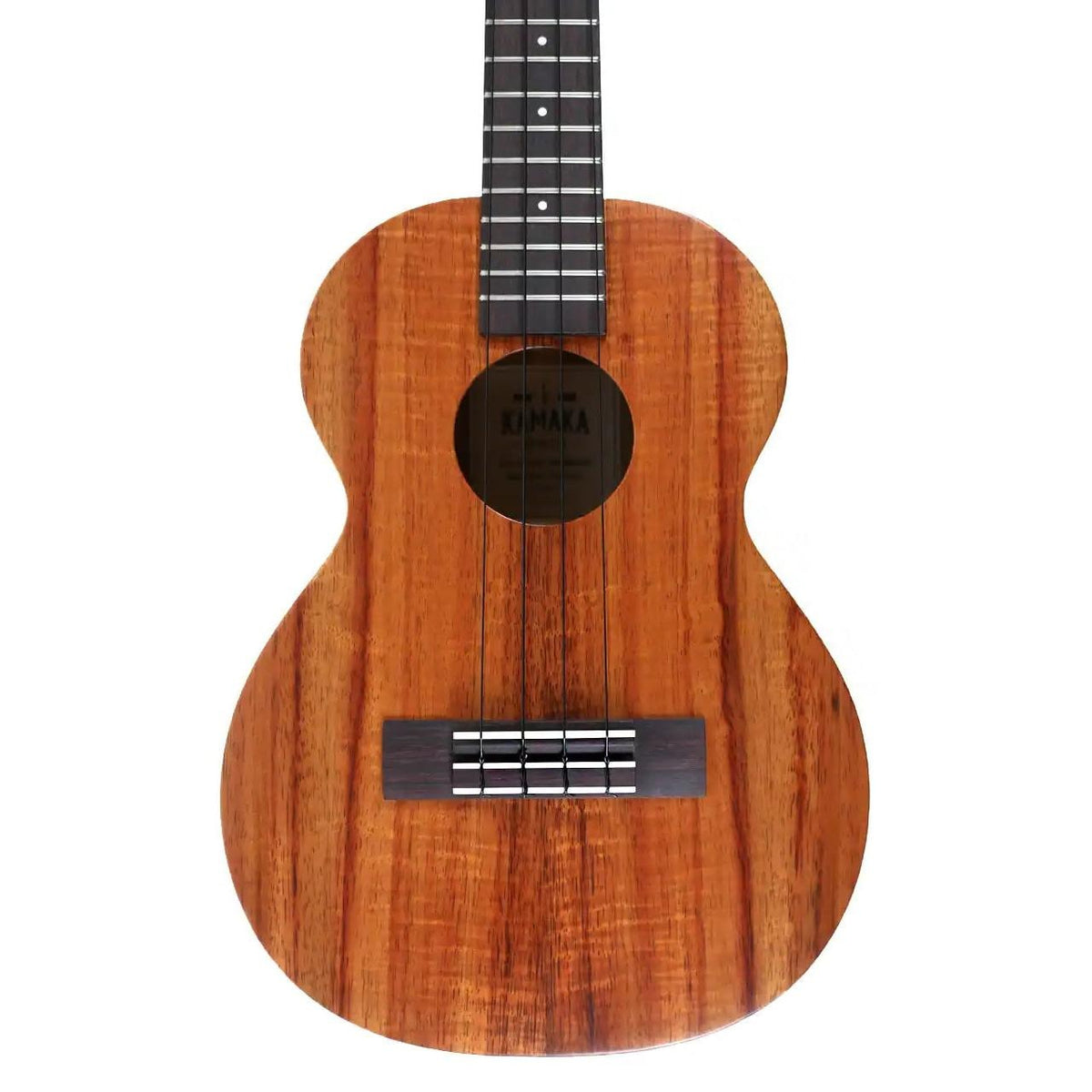 Kamaka HF-3 tenor ukulele body front showing solid koa top, soundhole and rosewood bridge