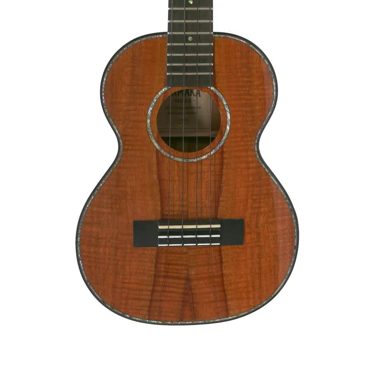 Kamaka HF-3-D2 tenor ukulele body front showing curly koa top, abalone rosette, soundhole and ebony bridge