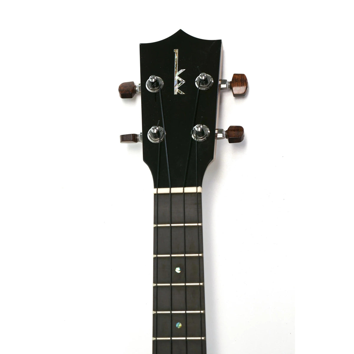 Kamaka HF-3-D2 tenor ukulele headstock front with ebony headplate, Kamaka logo and wood-button tuners
