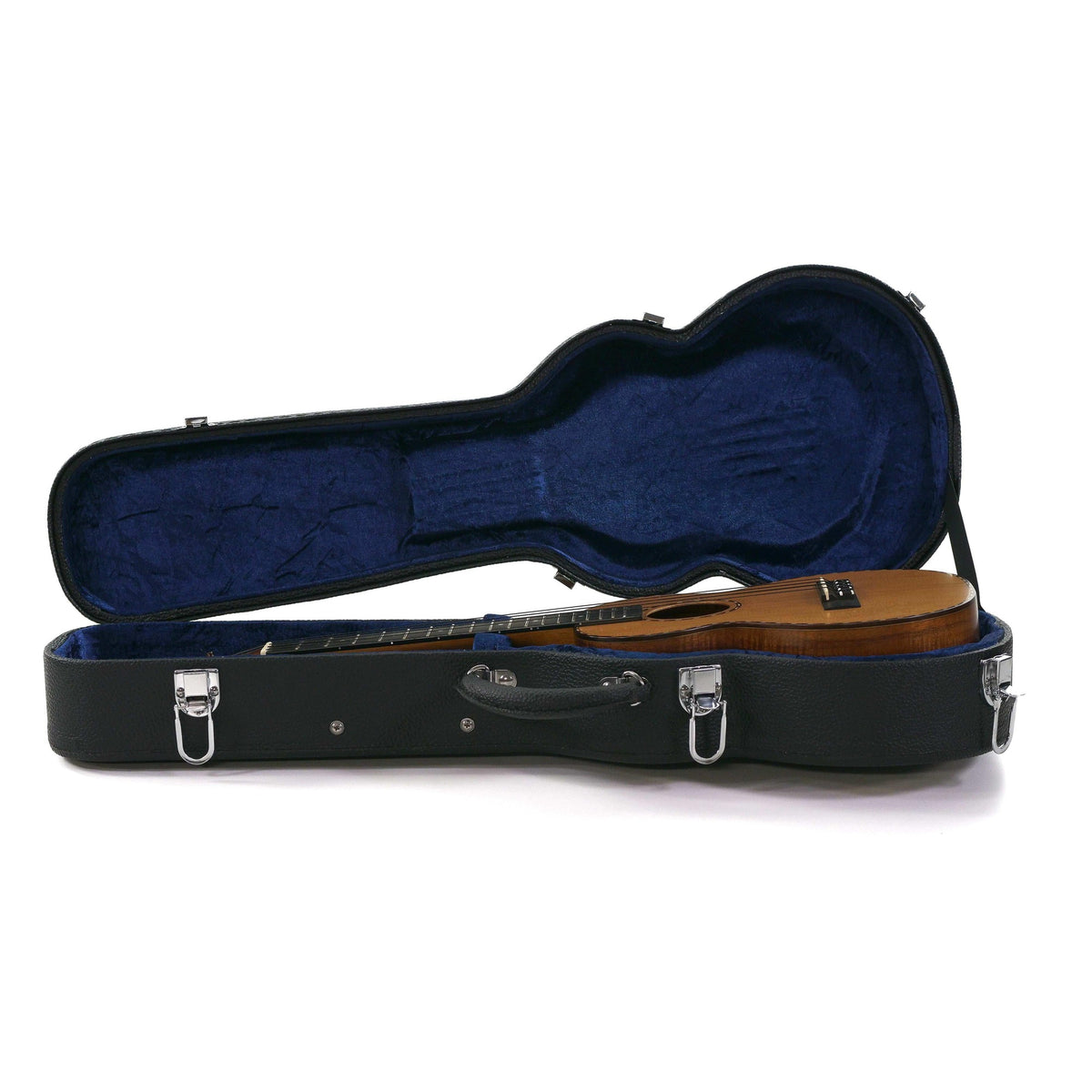 Open Kamaka hardshell case with blue lining holding the HF-3-DC tenor ukulele