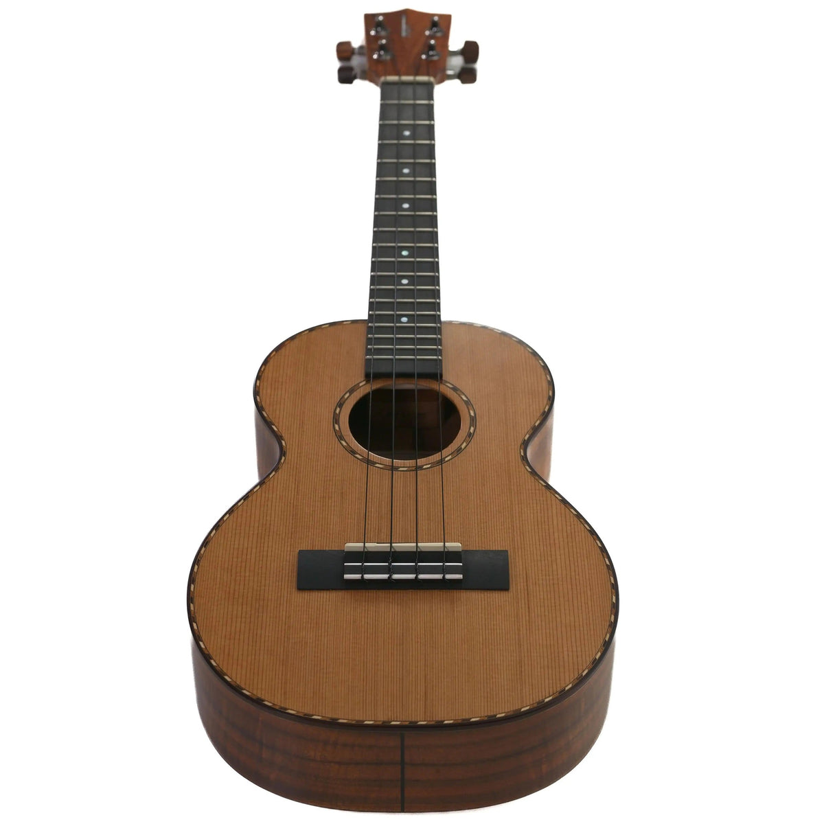 Kamaka HF-3-DC tenor ukulele full front view with cedar top, rope purfling and ebony fretboard