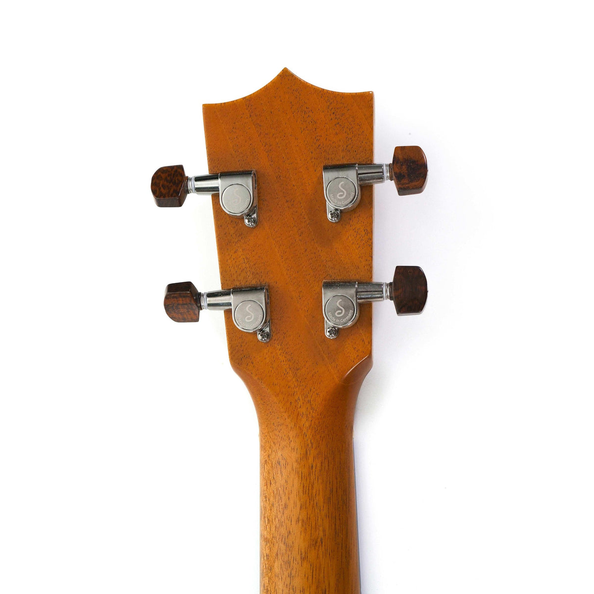 Kamaka HF-3-DC tenor ukulele headstock back showing mahogany neck and Schaller tuners