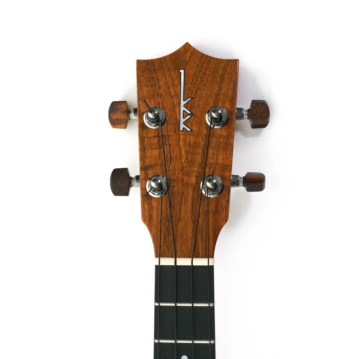 Kamaka HF-3-DC tenor ukulele headstock front with koa face, Kamaka logo and geared tuners