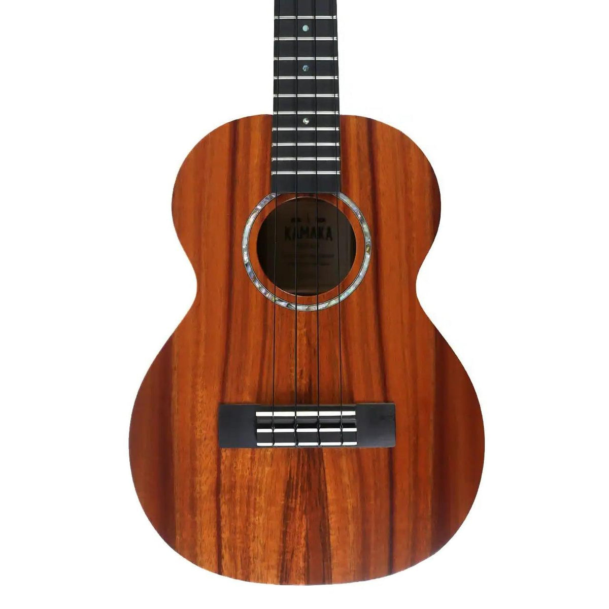 Kamaka HF-3 FEab+ tenor ukulele body front showing the koa top, abalone rosette soundhole and ebony bridge
