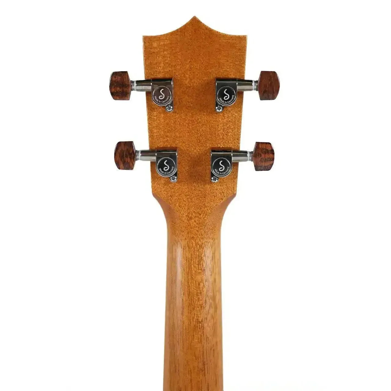 Kamaka HF-3 tenor ukulele headstock and neck, showing koa wood, Schaller tuners with wood buttons.