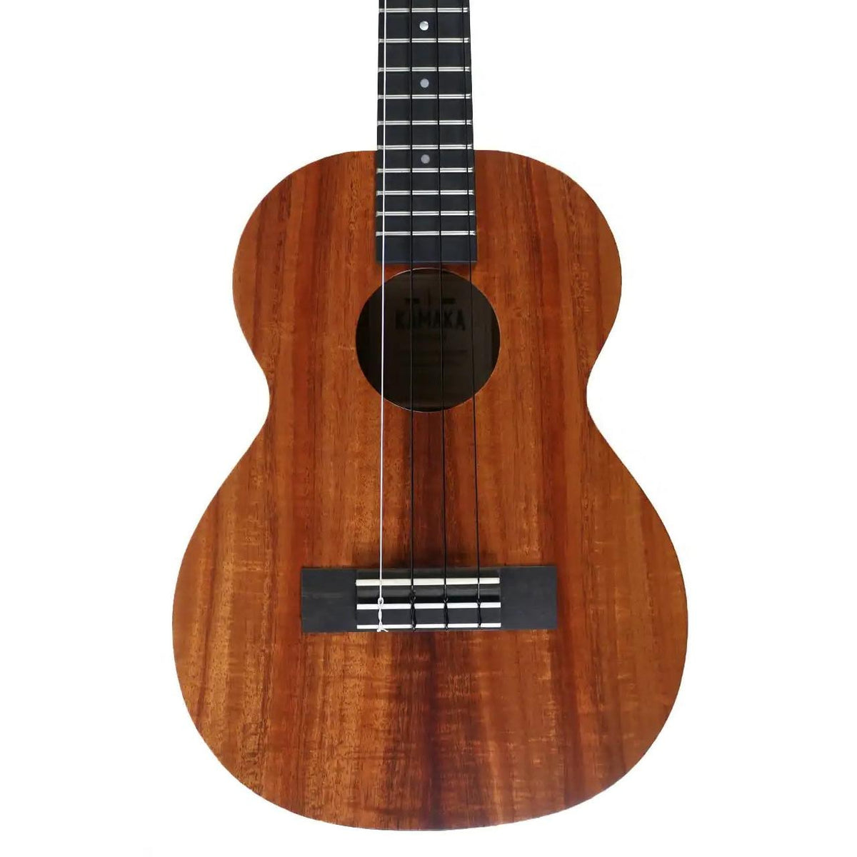 Kamaka HF-3i FEmop+ tenor ukulele body front showing the flamed koa top, soundhole and ebony bridge
