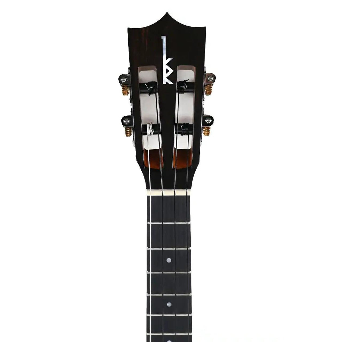 Kamaka HF-3i FEmop+ tenor ukulele slotted ebony headstock front with mother-of-pearl logo and ebony fretboard with dot markers