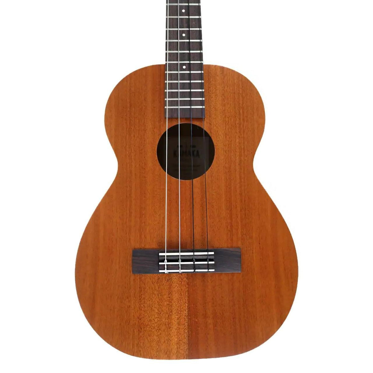 Kamaka HF-4 Hawaiian Koa baritone ukulele body front showing the soundhole and rosewood bridge