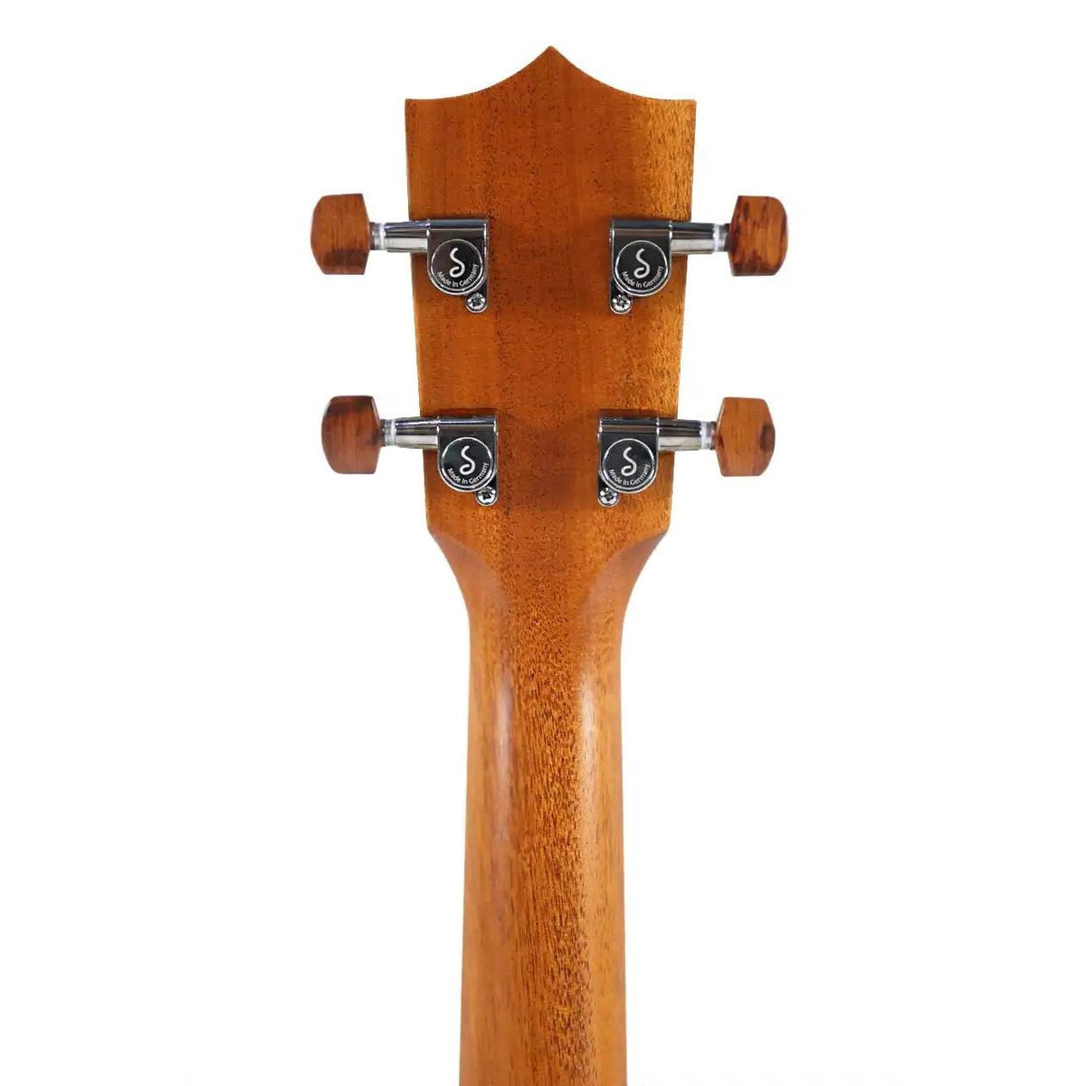 Kamaka HF-4 Hawaiian Koa baritone ukulele headstock back and neck with four Schaller geared tuners