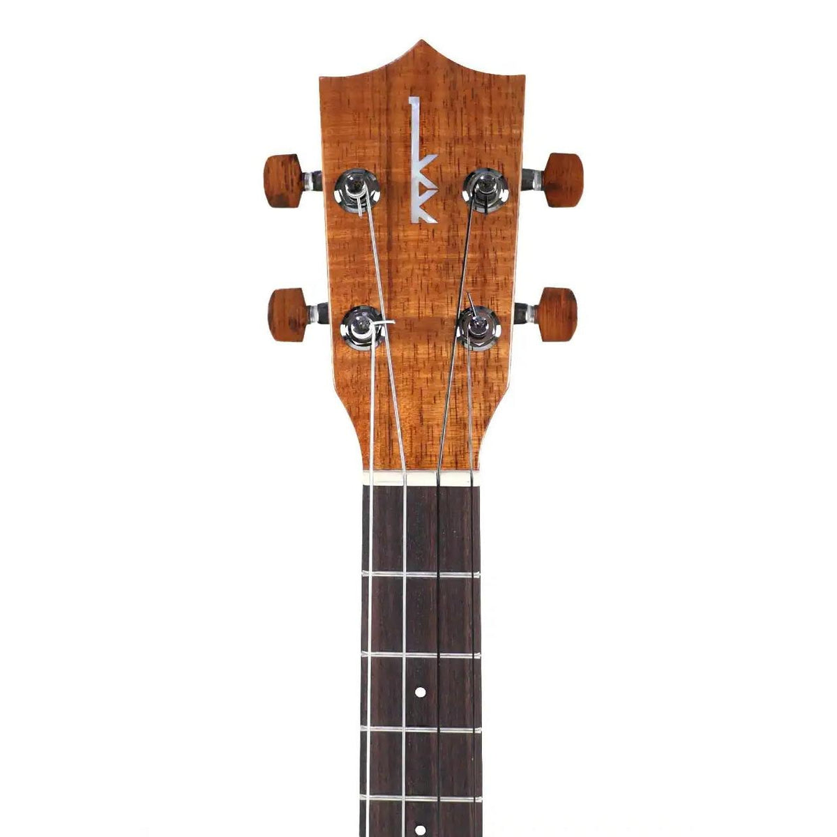 Kamaka HF-4 Hawaiian Koa baritone ukulele headstock front with Kamaka logo, four tuner buttons and rosewood fretboard