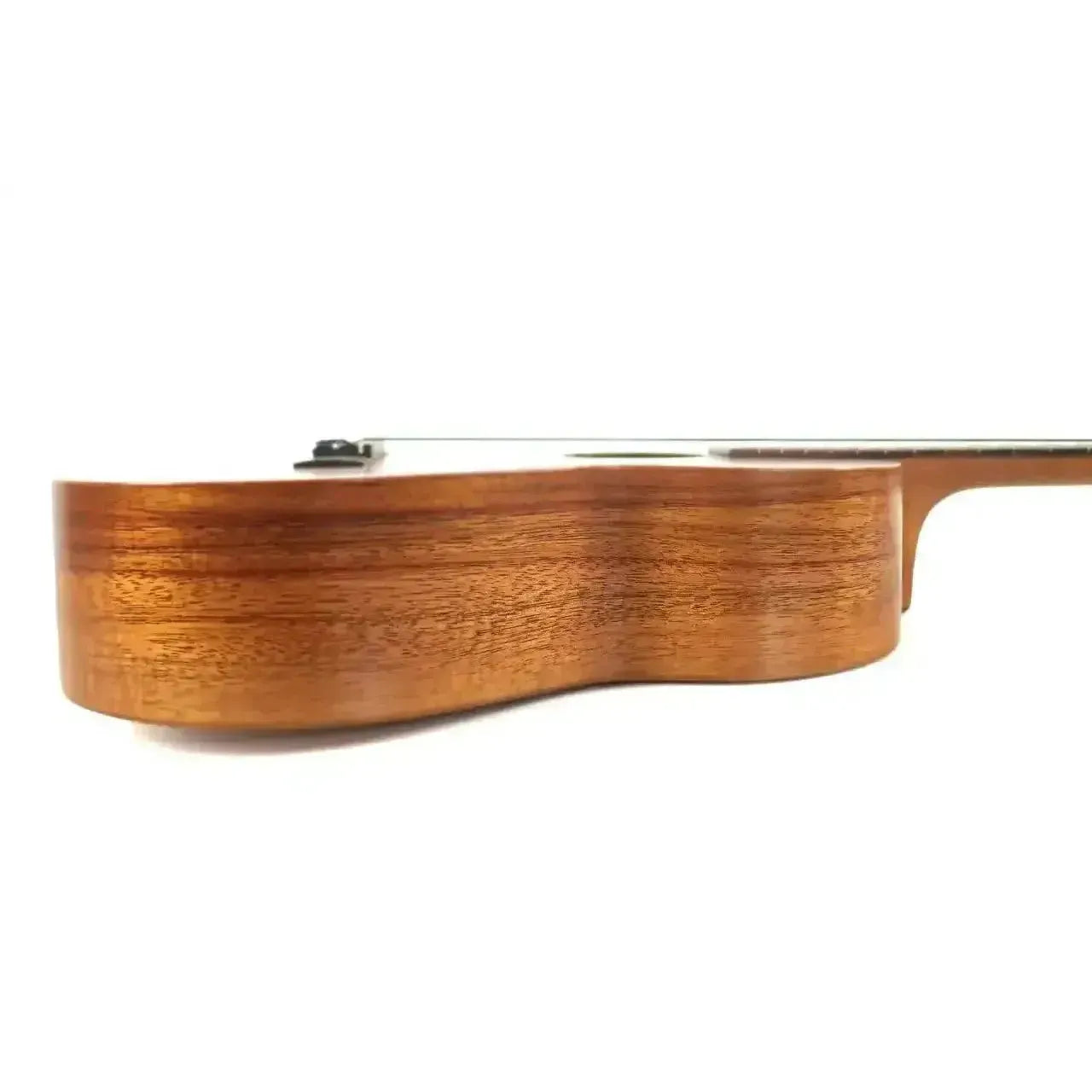 Kamaka HF-4 Baritone Ukulele side view, showcasing premium curly koa wood grain.