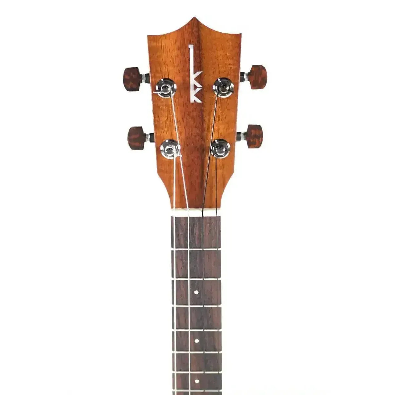 Kamaka HF-4 Baritone Ukulele headstock with curly koa, mahogany neck, and rosewood fretboard.