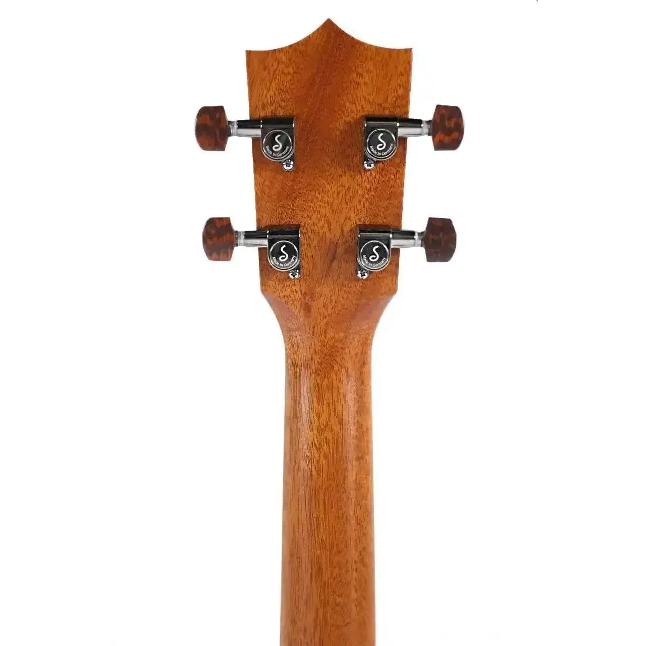 Kamaka HF-4 Baritone Ukulele headstock and mahogany neck, showing four tuners with S-logo.