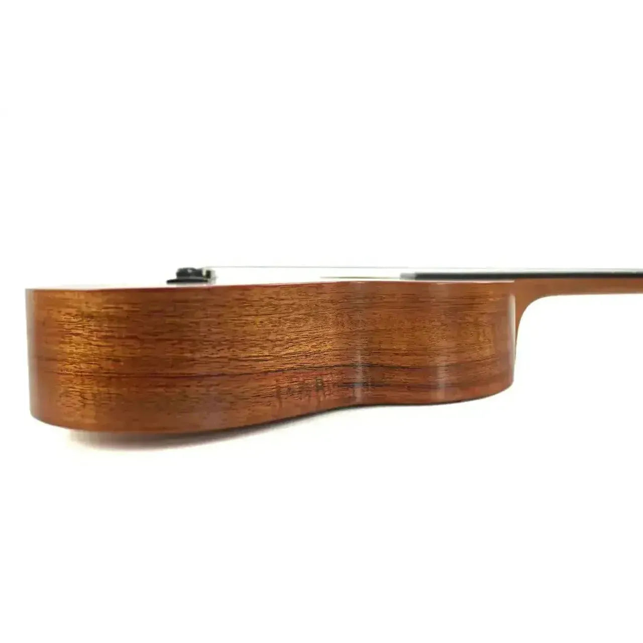 Kamaka HF-4 FEab Baritone Ukulele, side view showing koa wood grain and semi-gloss finish.