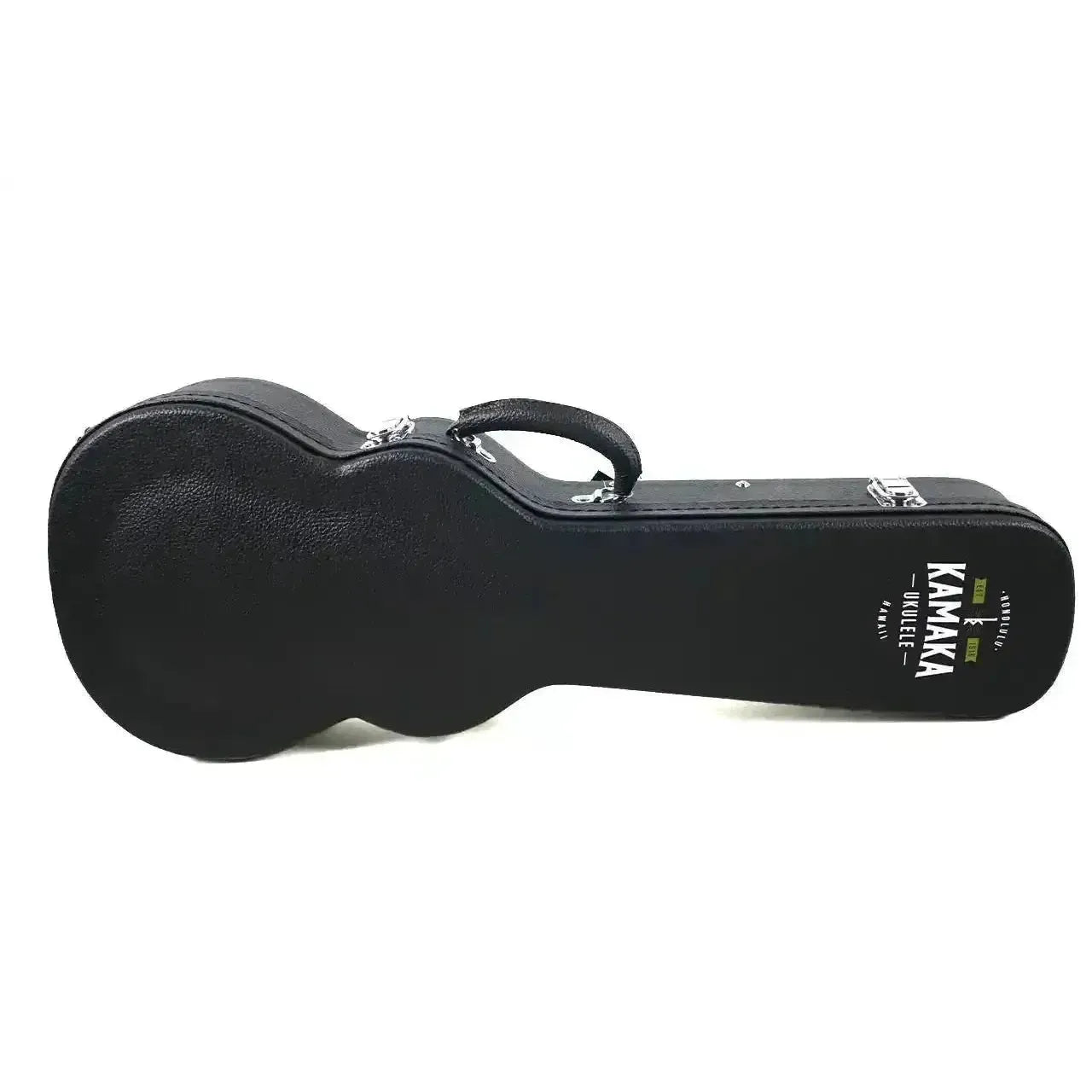 Black Kamaka ukulele hard case with silver latches and handle, displaying the brand logo.