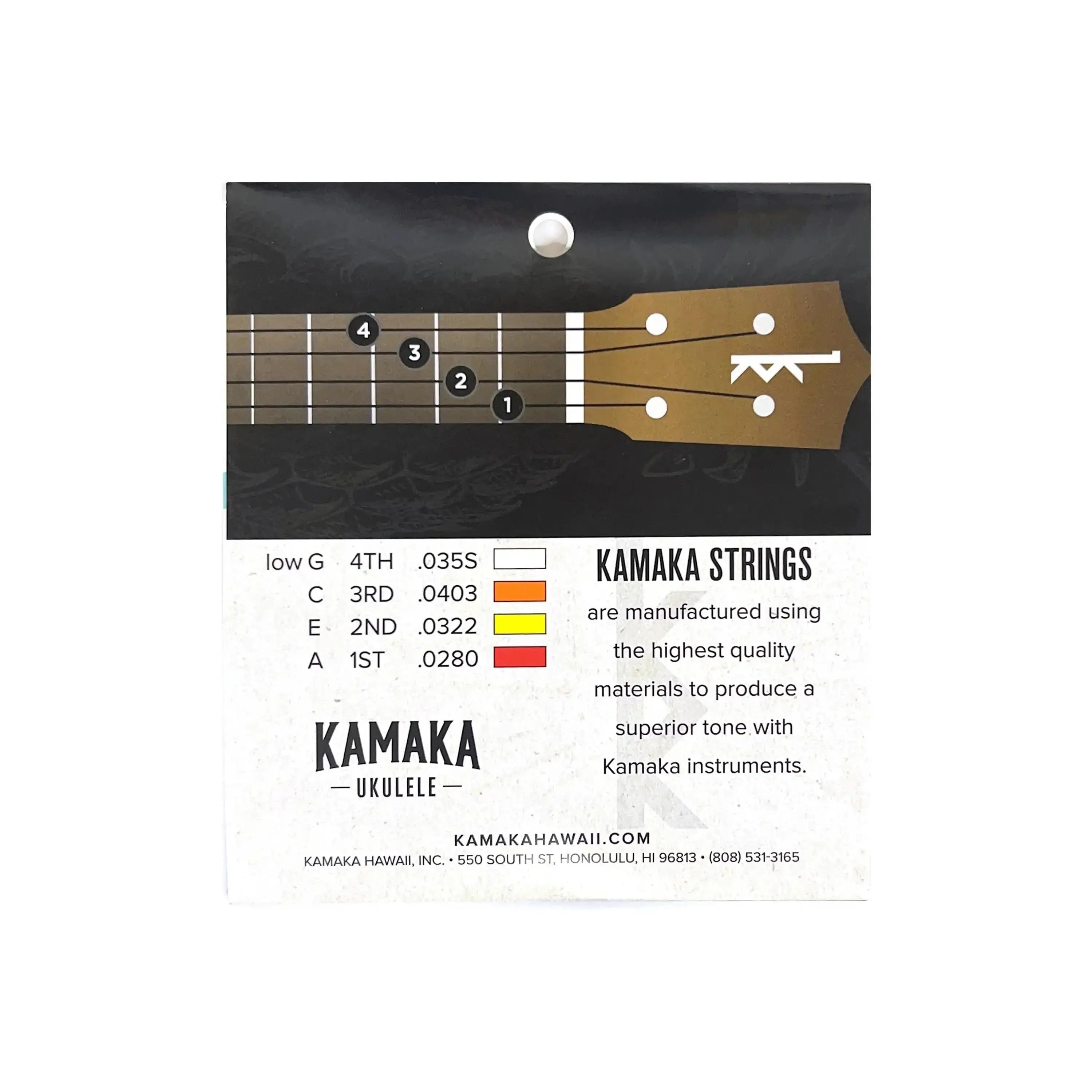 Kamaka S-1G black nylon ukulele strings packaging with fretboard graphic and string gauges.