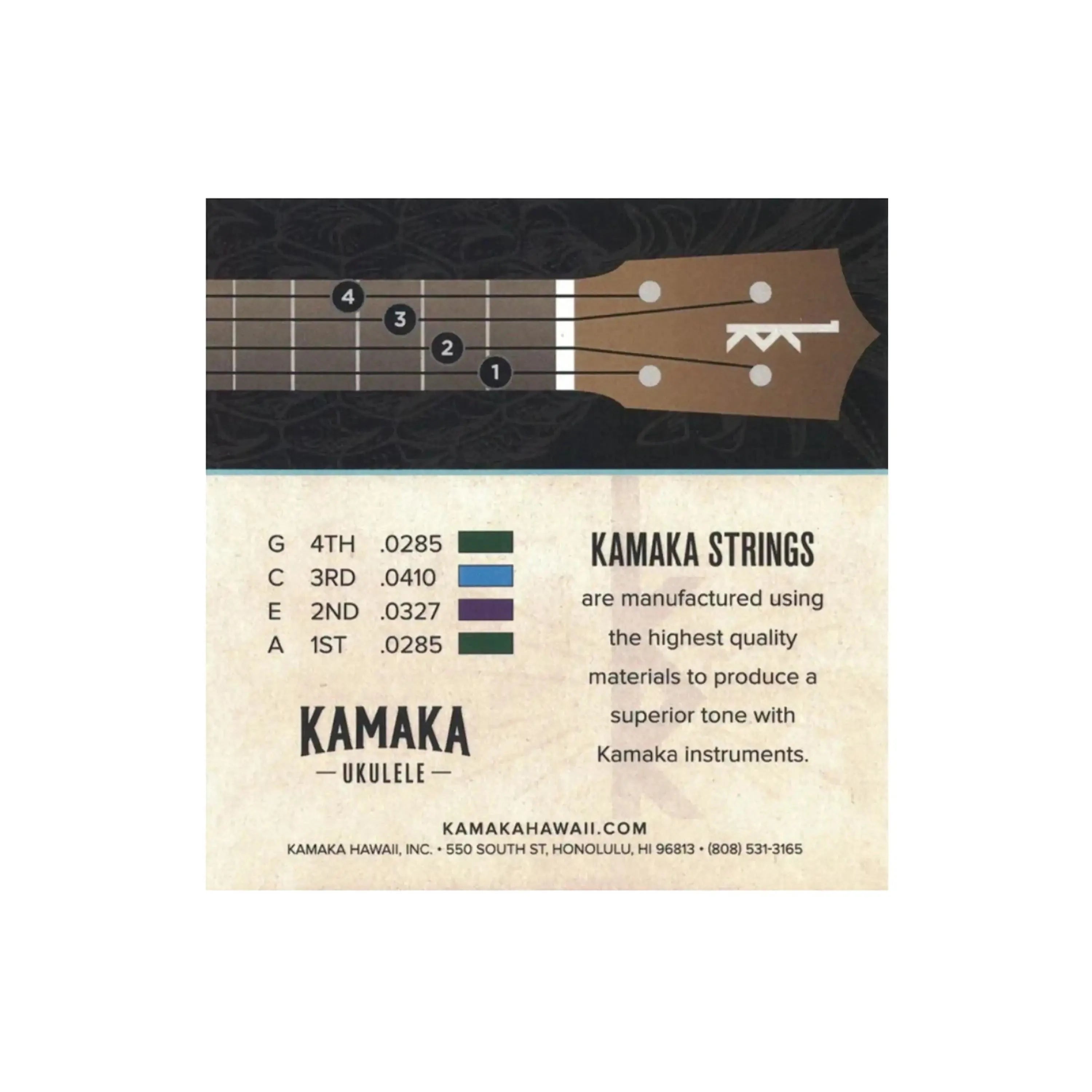 Kamaka S-3G Tenor Low-G ukulele strings packaging with fretboard diagram and string gauges.