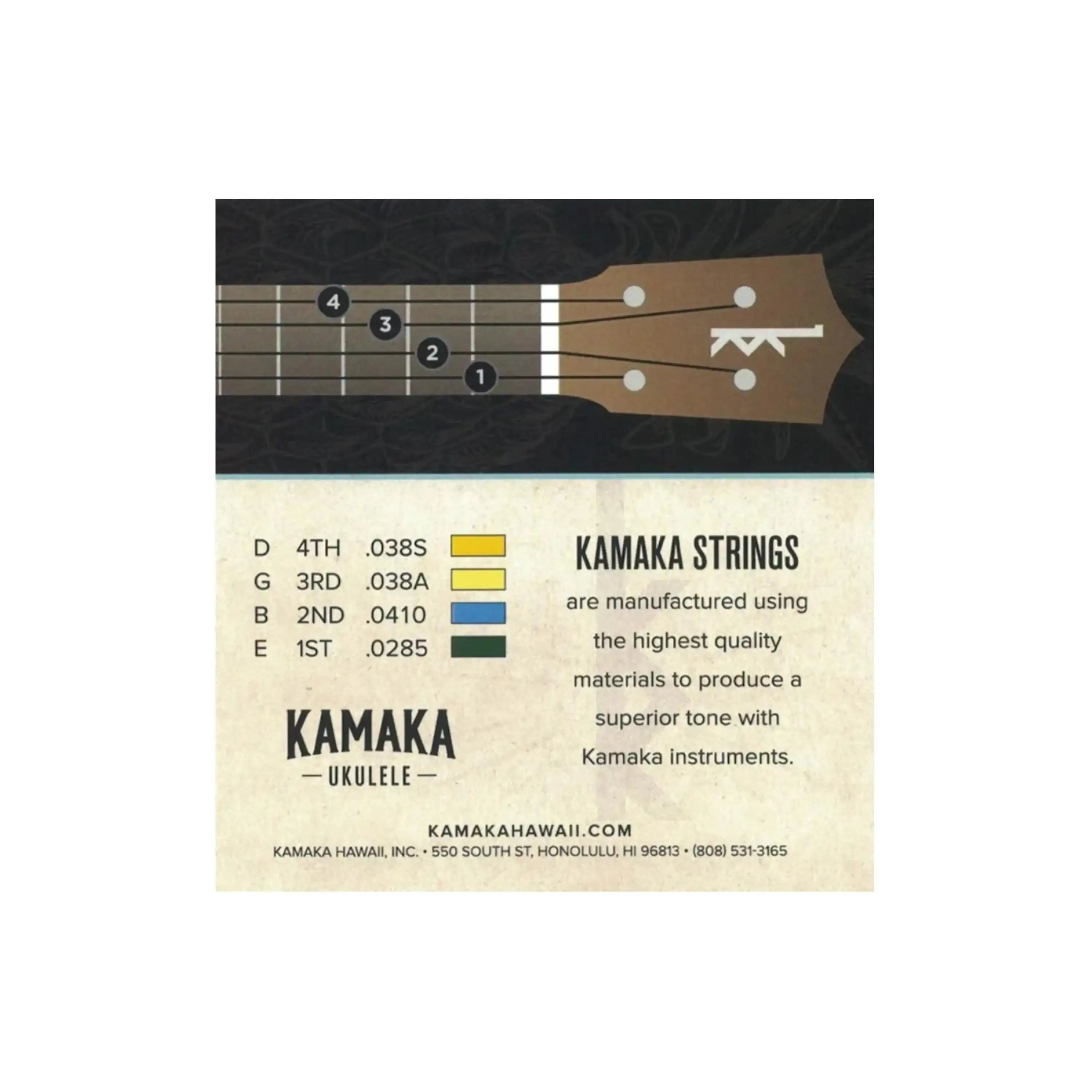 Kamaka S-4 Baritone Ukulele Strings D-G-B-E, black nylon, with fretboard diagram and string gauges.