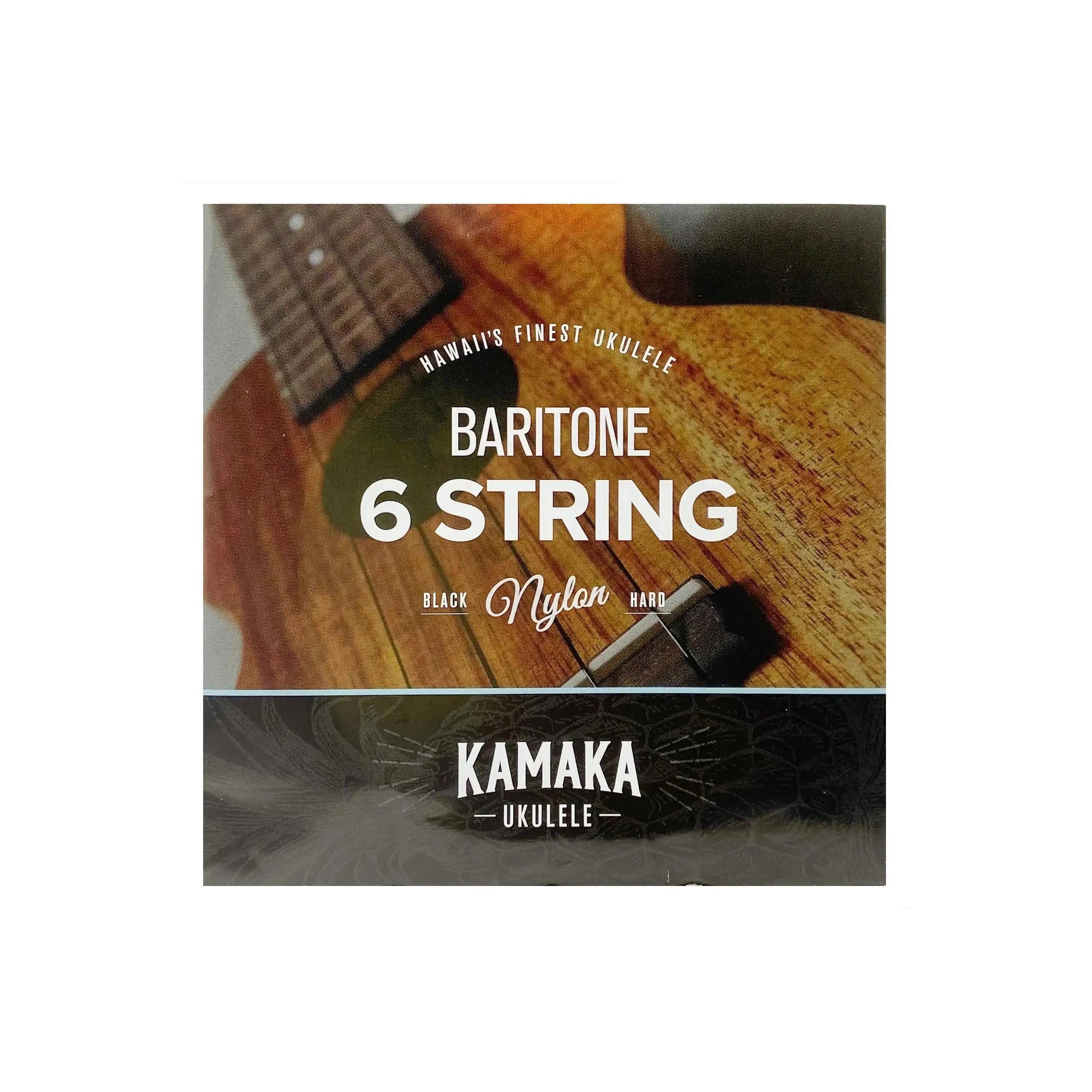 Kamaka S-46 black nylon 6-string baritone ukulele strings packaging with ukulele image.