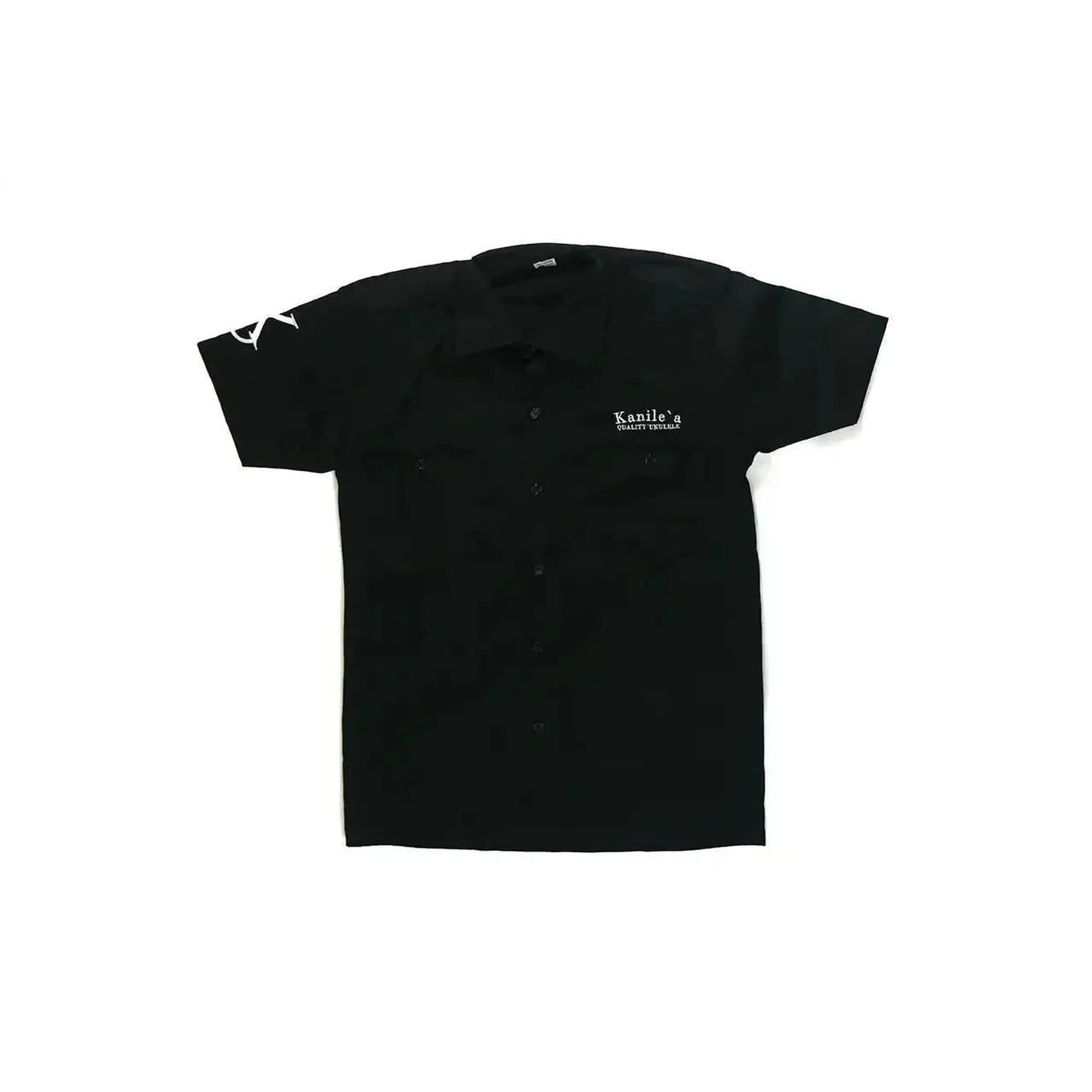 Kanile'a black 100% cotton short-sleeve button-up shirt with "Kanile'a Quality Ukulele" embroidery.