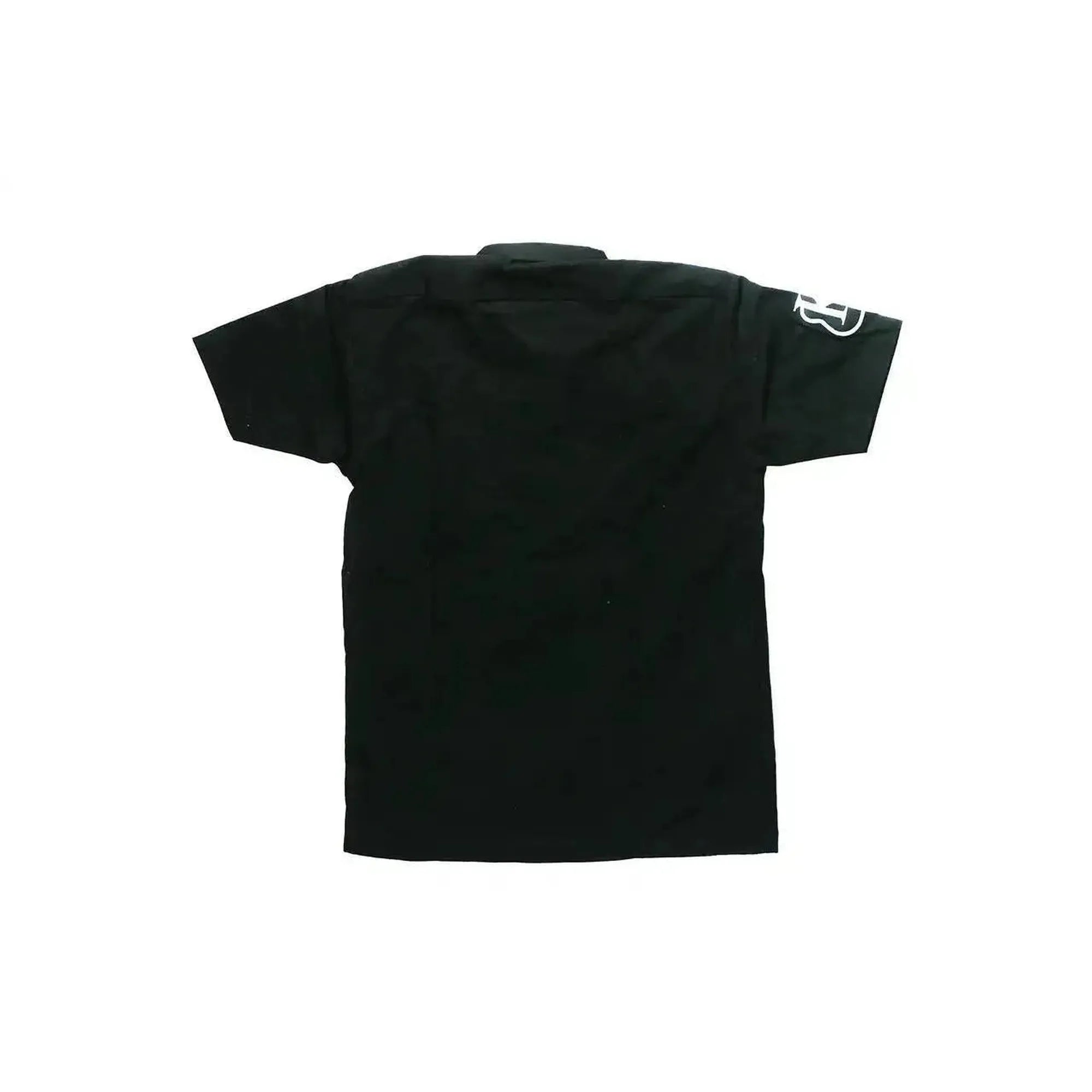 Back of a black short-sleeve button-up shirt with a white Kanile'a logo on the left sleeve.