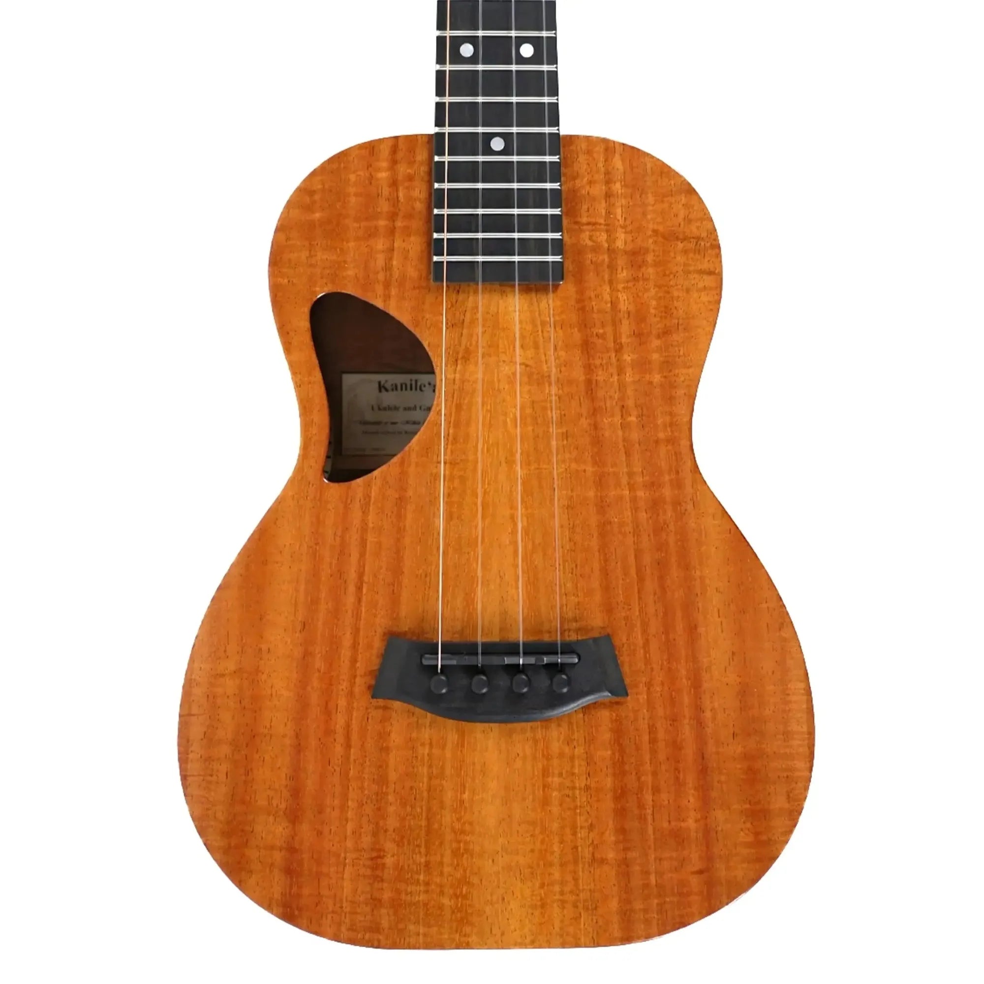 Kanile'a D-1 Pro Premium Hawaiian Koa Tenor Ukulele with D-shaped soundhole and ebony bridge.