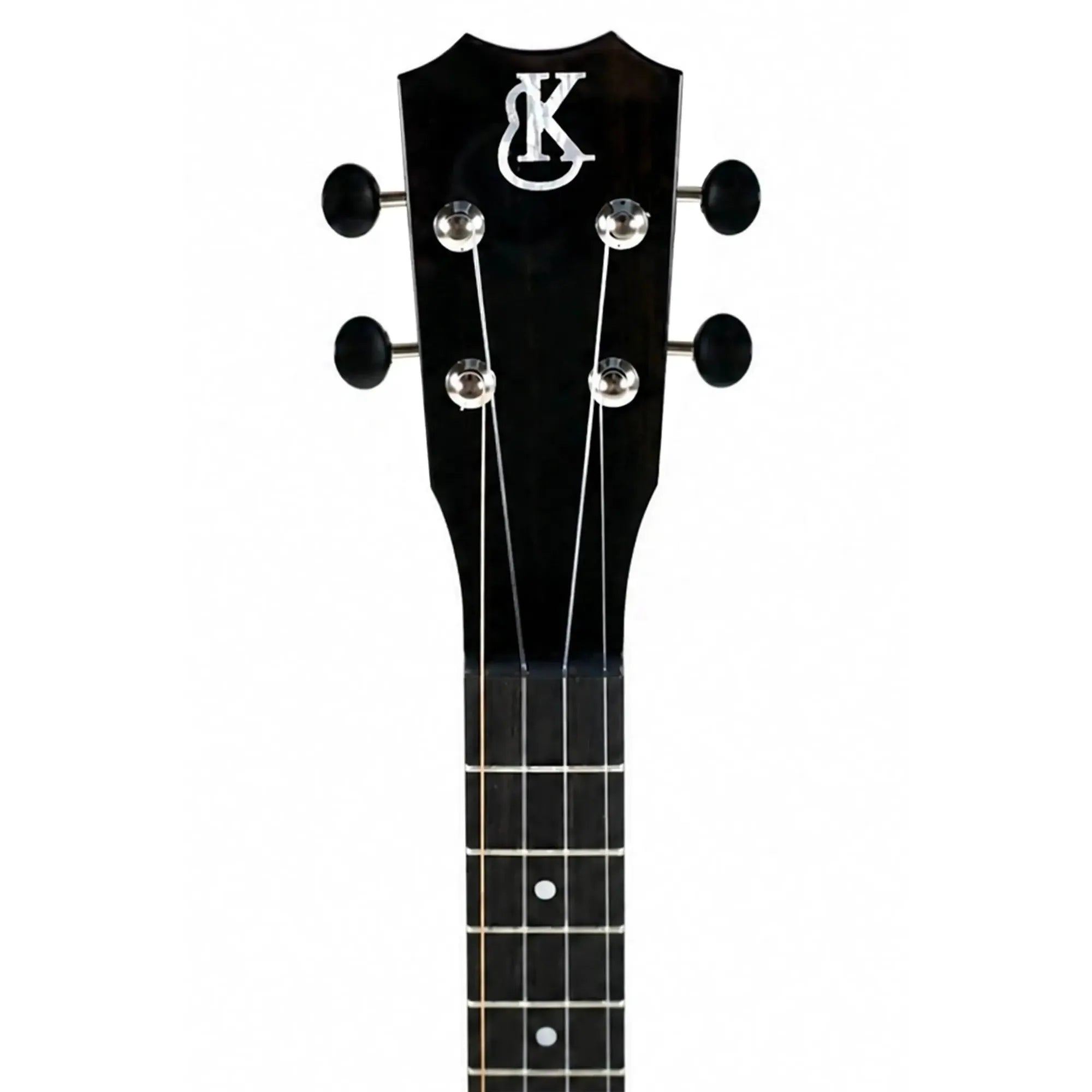 Kanile'a D-1 Pro Premium Tenor Ukulele headstock with white mother-of-pearl logo, black tuners, and ebony fretboard.