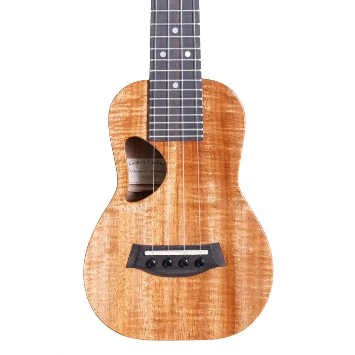 Example photo: an earlier Kanile'a D-1 Core soprano, body front with Deluxe Grade koa top and D-shaped soundhole
