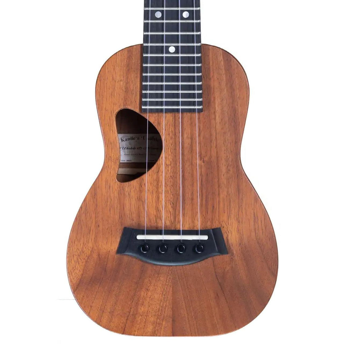 Example photo: an earlier Kanile'a D-1 Natural soprano, body front with koa top and D-shaped soundhole