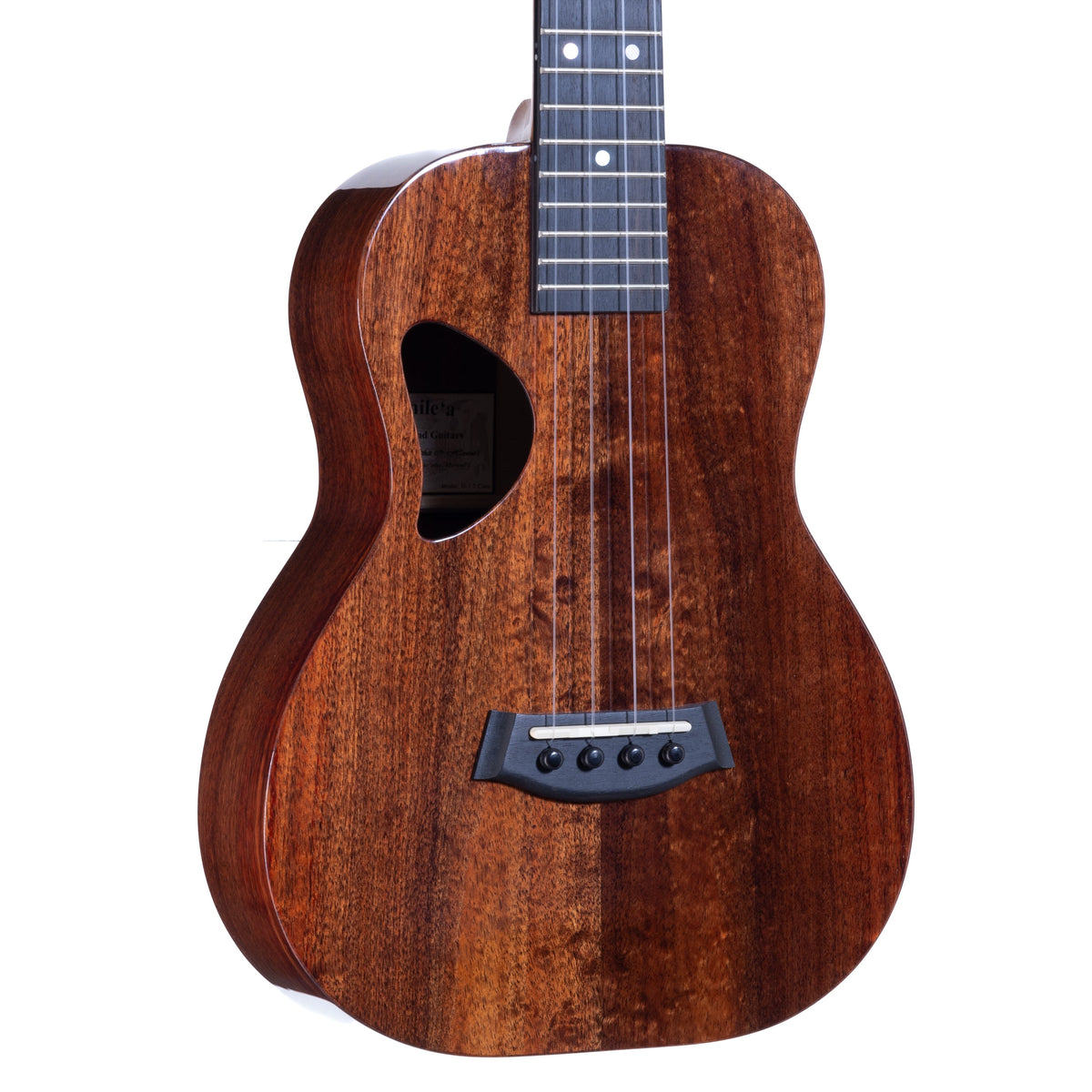Kanile'a D-1 Core tenor ukulele serial 30098, angled close-up of the koa top, ebony bridge and soundhole