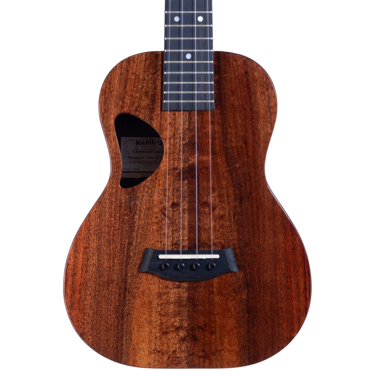 Example photo: a Kanile'a D-1 Core tenor, body front with Deluxe Grade koa top and D-shaped soundhole