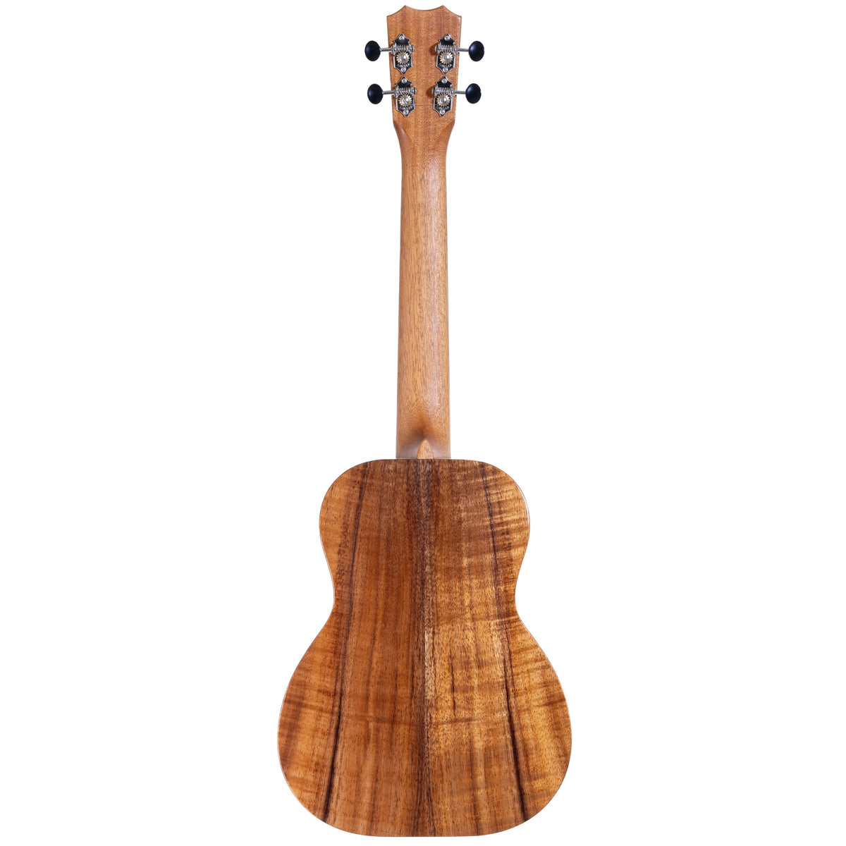 Full back view of Kanile'a D-1 Pro tenor ukulele serial 30186 with koa back, mahogany neck and chrome open gear tuners
