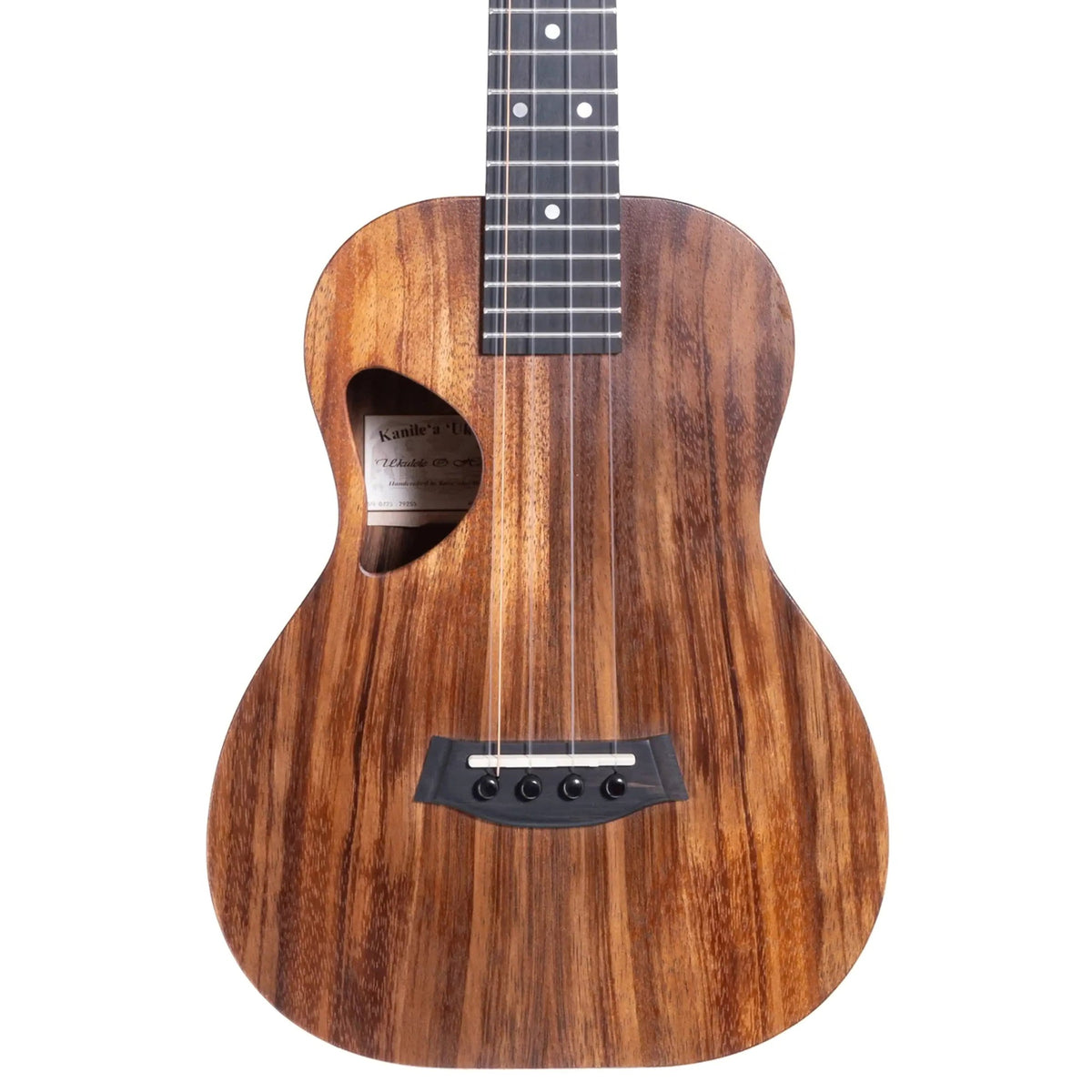 Example photo: an earlier Kanile'a D-1 Natural 5-string tenor, body front with Select Grade koa top and D-shaped soundhole