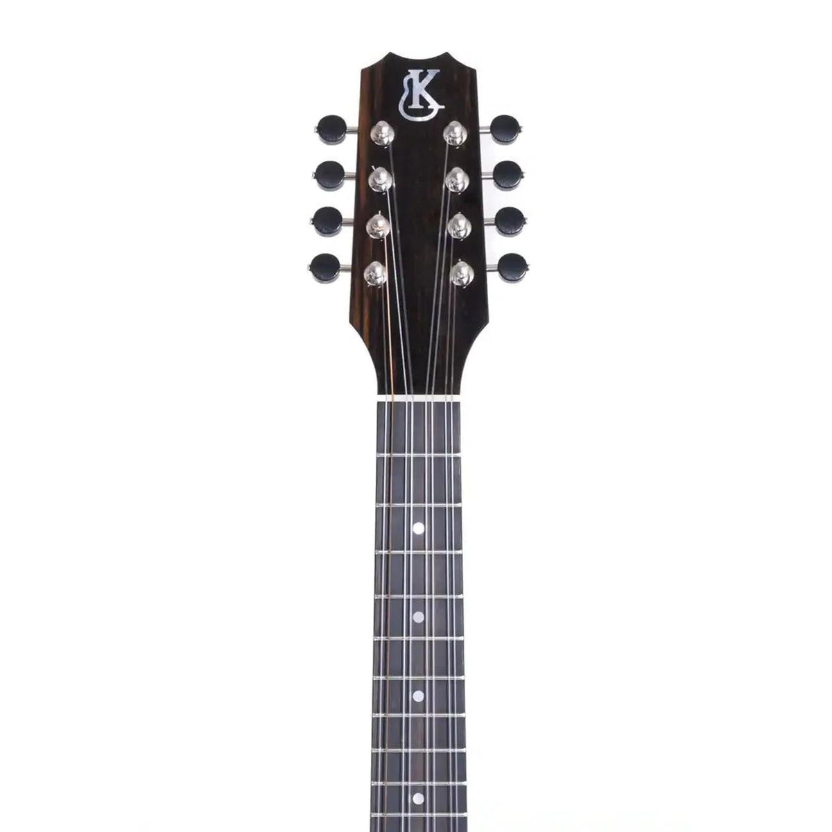 Example photo: an earlier Kanile'a D-1 Core 8-string tenor, ebony Crown headstock with eight chrome open-geared tuners and ebony fretboard