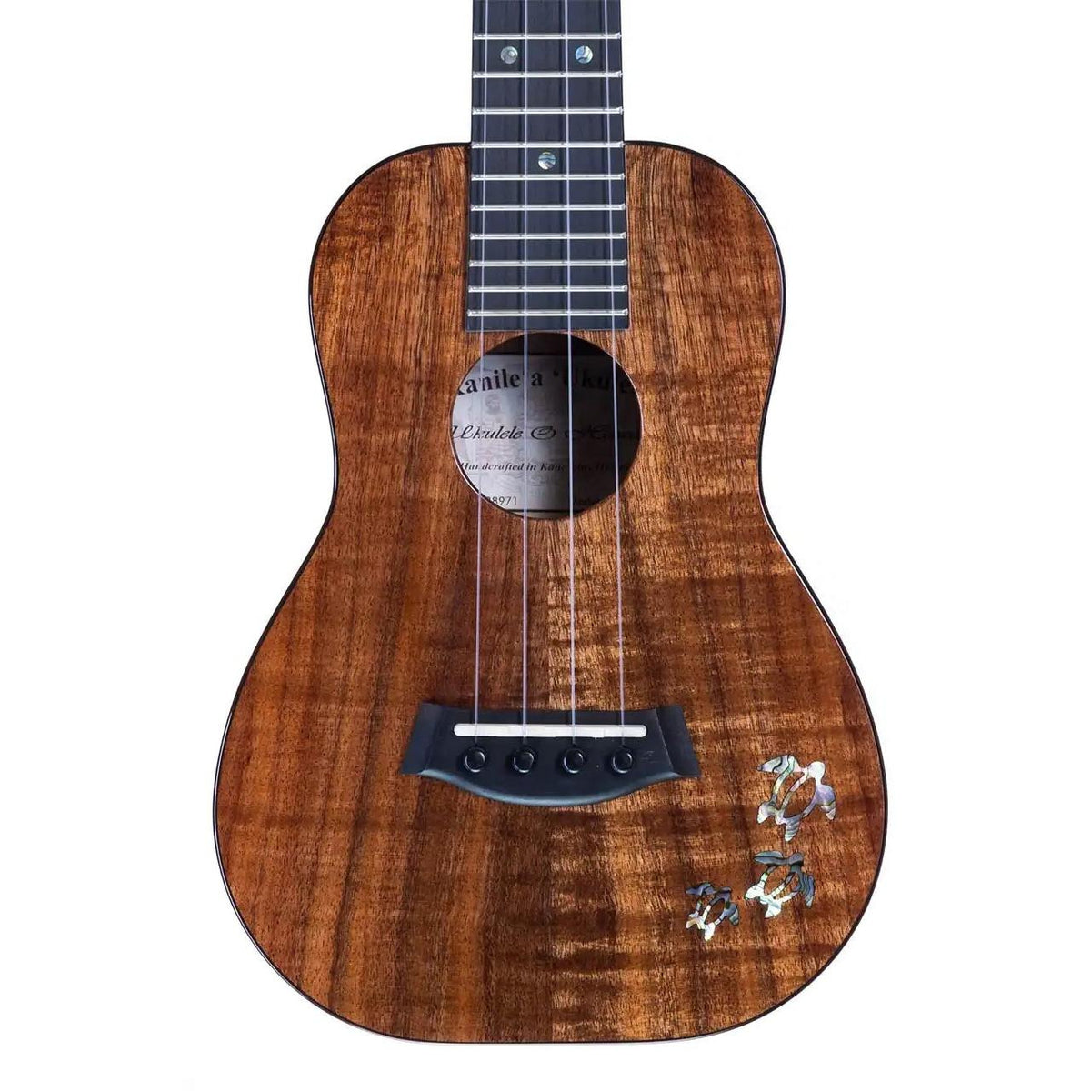Example photo: an earlier Kanile'a HNS Pro concert, serial 28971, body front with Premium Grade koa and Paua abalone honu inlay