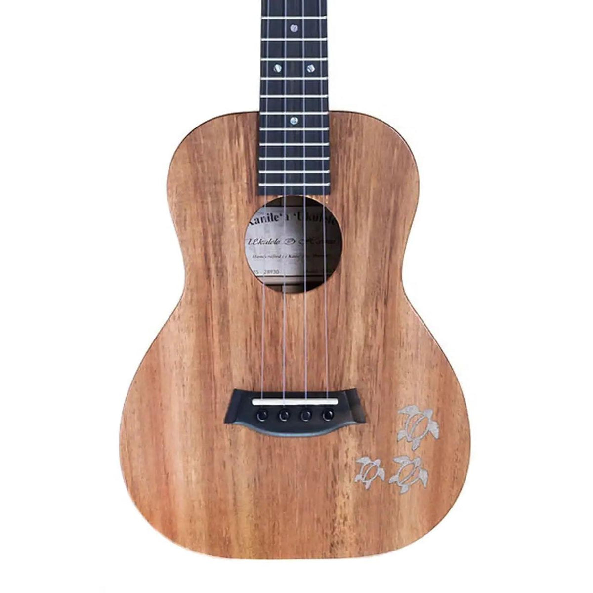 Example photo: an earlier Kanile'a HNS Natural tenor, serial 28930, body front with Kailua beach sand honu inlay