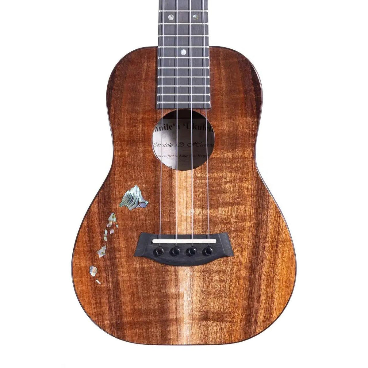 Example photo: an earlier Kanile'a ISL Core concert, serial 29138, body front with Deluxe Grade koa and the Paua abalone Hawaiian Island chain inlay