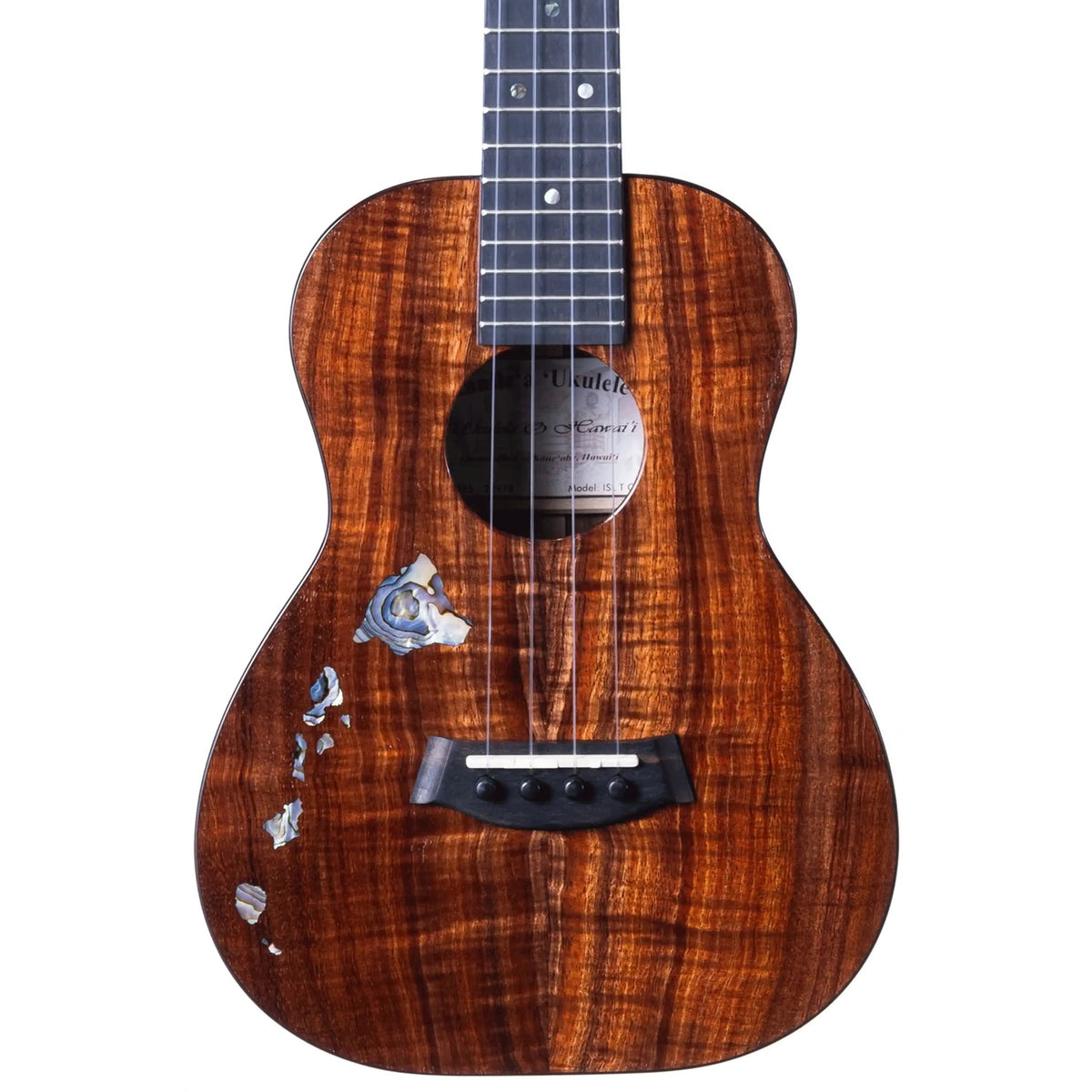 Example photo: an earlier Kanile'a ISL Core tenor, serial 28978, body front with Deluxe Grade koa and the Paua abalone Hawaiian Island chain inlay