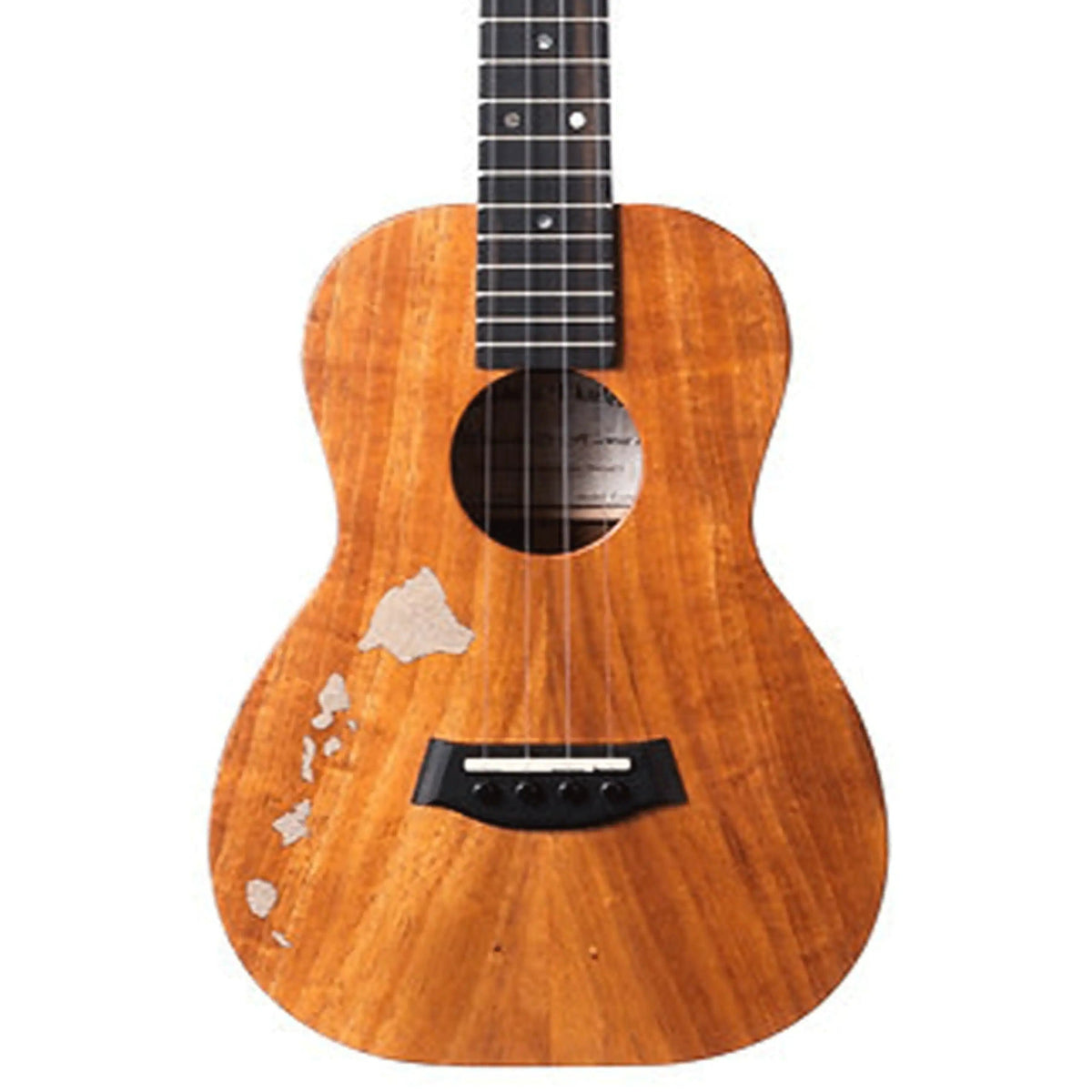 Example photo: an earlier Kanile'a ISL Natural tenor, serial 28792, body front with Select Grade koa and the Kailua beach sand Hawaiian Island chain inlay