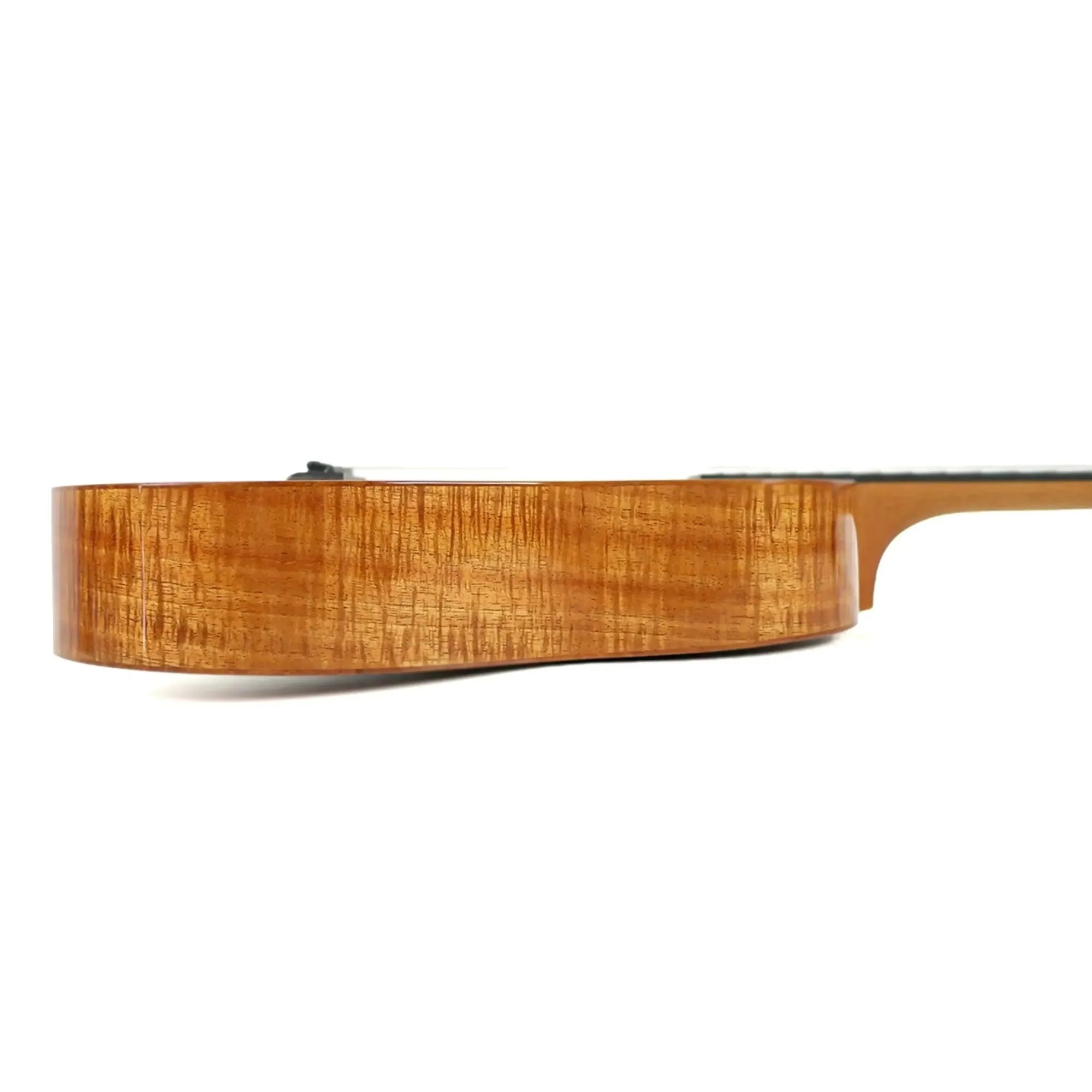 Kanile'a K-1 Pro Baritone Ukulele side view, showcasing premium Hawaiian koa wood grain.