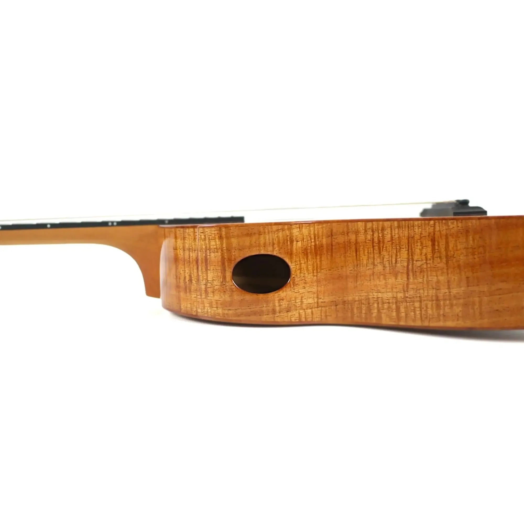 Kanile'a K-1 Pro Premium Hawaiian Koa Baritone Ukulele side view with oval sound port.