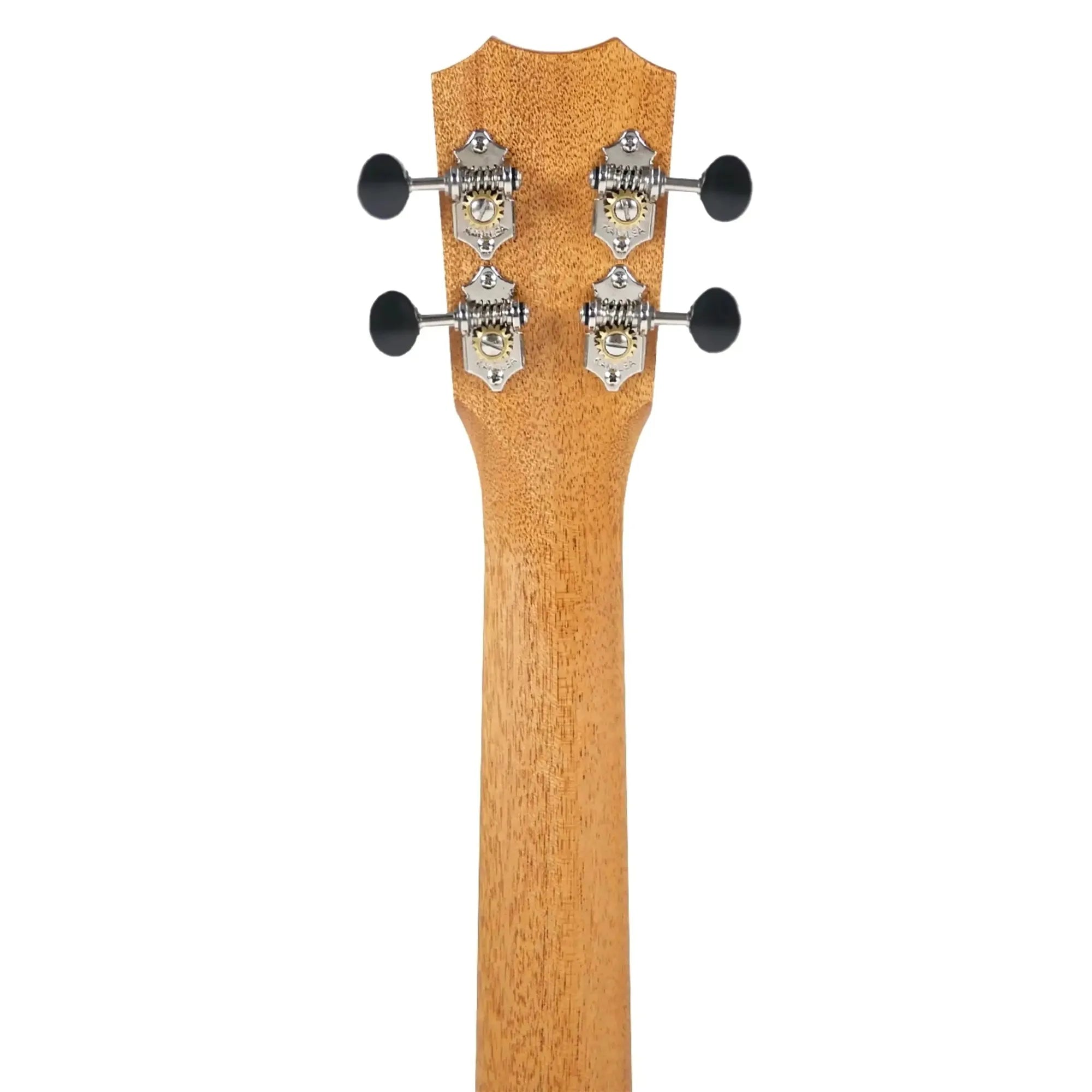 Back of Kanile'a K-1 Pro tenor ukulele headstock and mahogany neck with chrome open-geared tuners.
