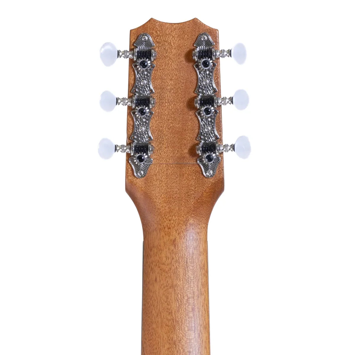 Example photo: Kanile'a K-1 GL6 Core guitarlele, back of the headstock with chrome open geared tuners