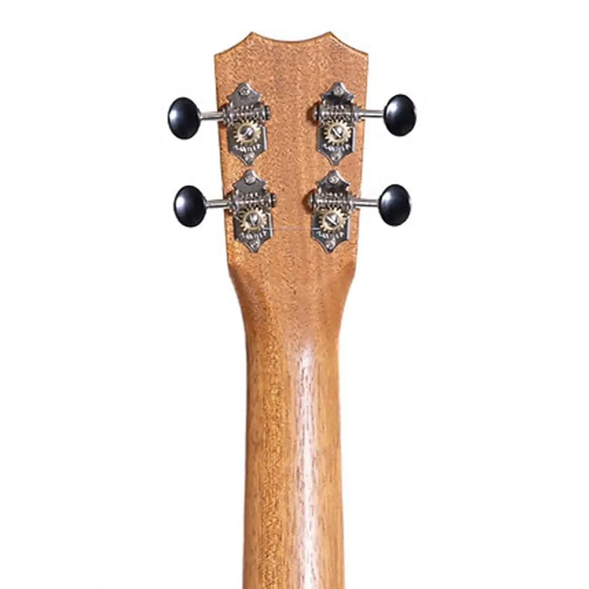 Example photo: Kanile'a K-1 Natural Soprano ukulele, back of headstock with chrome open geared tuners