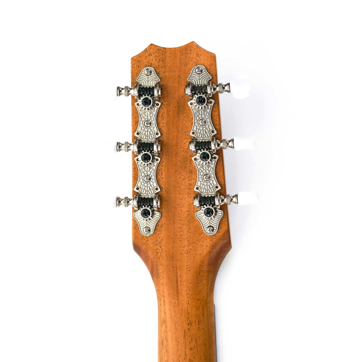 Example photo: Kanile'a K-1 6-String Super Tenor ukulele, back of the headstock with six open geared tuners