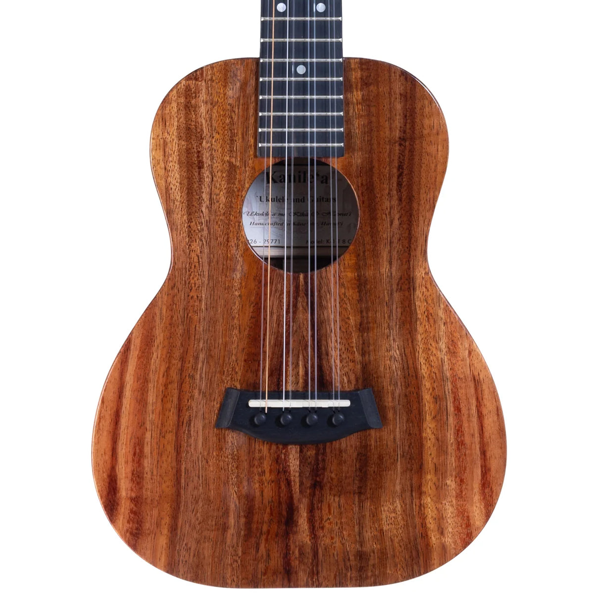 Example photo: an earlier Kanile'a K-1 Core 8-string tenor, serial 29771, body front with Deluxe Grade koa, round soundhole and ebony bridge